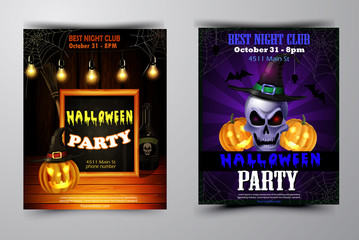 Halloween party invitation on wooden wall background