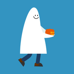 Costume Ghost and Pumpkin. Halloween spook vector illustration