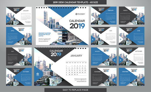 Desk Calendar 2019 template - 12 months included - A5 Size