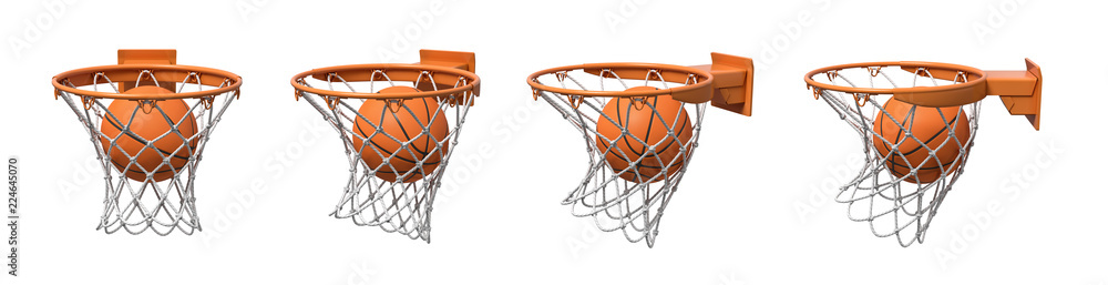 Poster 3d rendering of a set made of four basketball baskets with a ball falling inside each of them.