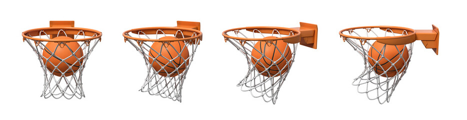 3d rendering of a set made of four basketball baskets with a ball falling inside each of them. © gearstd