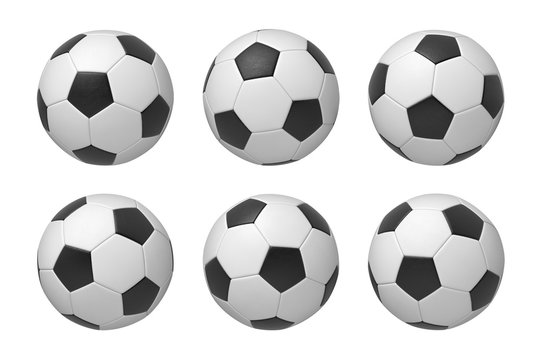 3d rendering of six football balls shown in different angles isolated on a white background.