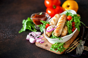 Kupaty -shashlik sausage of pork barbecue, grill. Grilled sausage.  Selective focus