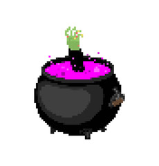 Boiler witch pixel art. Pot potion 8 bit. Halloween vector illustration