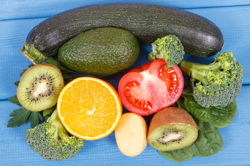 Fruits and vegetables containing vitamin K, minerals and dietary fiber, healthy nutrition concept
