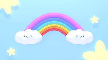 Cute clouds and rainbow. 3d rendering picture.