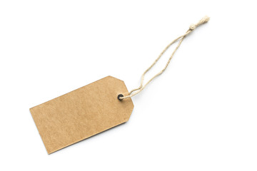Blank cardboard price tag or label with thread isolated white background.