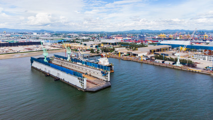 shipyard industry on the sea in Thailand aerial top view from drone