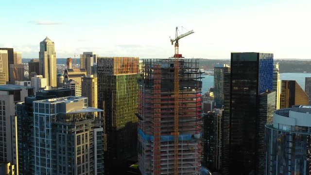 Aerial cranes at Downtown Seattle WA USA