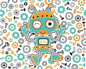 Fototapeta premium Seamless pattern vector with robot cartoon on bolt and nuts background