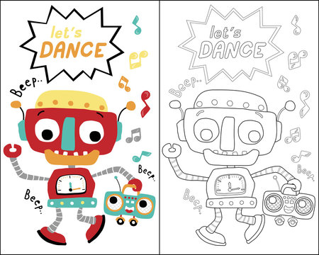 Vector Of Funny Robot Dance Cartoon, Coloring Book Or Page