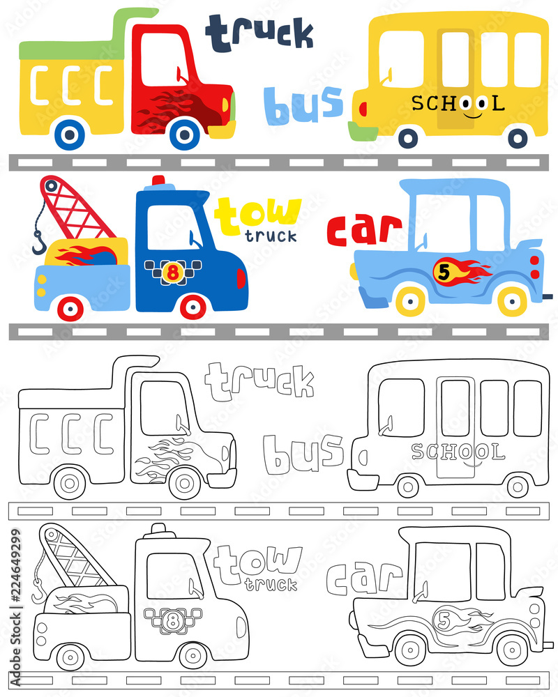 Wall mural vector illustration of vehicles cartoon, coloring book or page