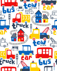 Obraz premium Seamless pattern vector with vehicles cartoon