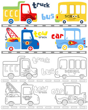 Vector illustration of vehicles cartoon, coloring book or page
