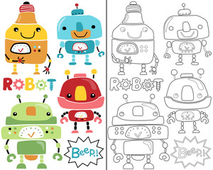 Vector illustration of robot set cartoon, coloring book or page