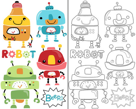 Vector illustration of robot set cartoon, coloring book or page