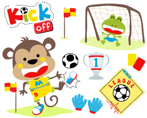 Vector set of funny animals cartoon on soccer game