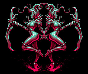 Sexy female demons with scythes standing on one leg