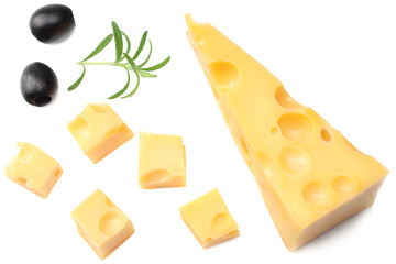 piece of cheese with olives isolated on white background. top view