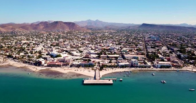 La Paz Mexico Drone Aerial 4K Tilt Up to Reveal Beach Town