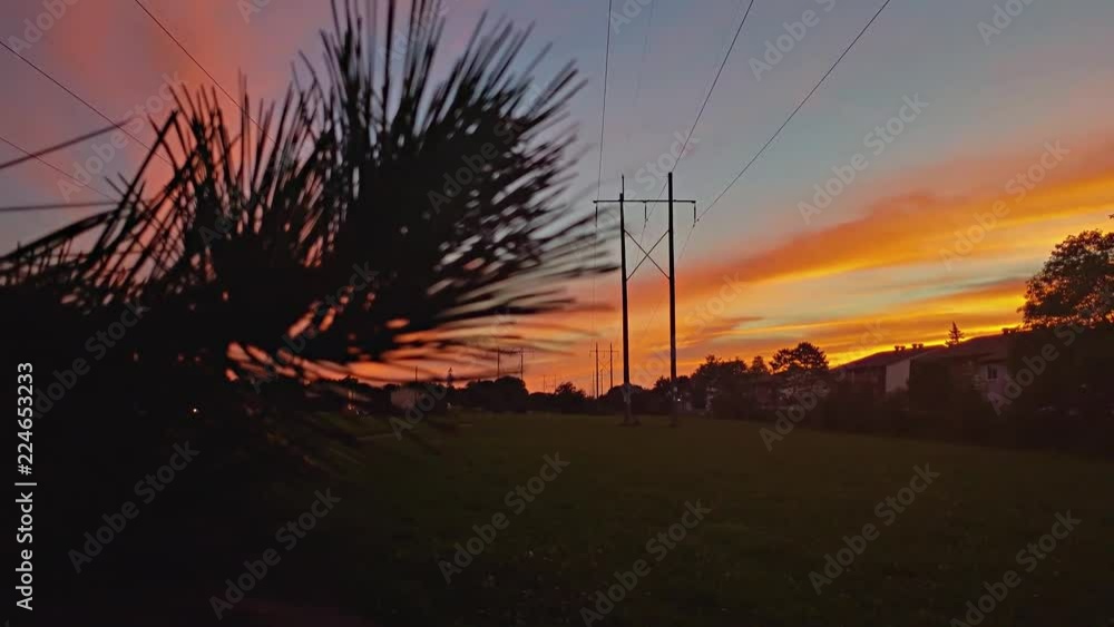 Poster shot from behind a tree branch of a trail with power lines in the background at sunset with beautifu