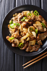 Dak-ttongjip is a Korean dish made by stir-frying chicken gizzard with spices close-up on a plate. Vertical top view