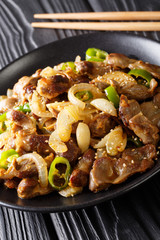 Dak Ddong Jjip - Fried chicken stomachs with onions, garlic, chili and sesame close-up. vertical