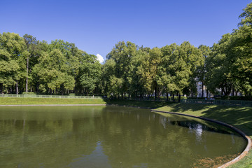 Fototapeta na wymiar Karpiev Pond, Lake in the Summer Garden of St. Petersburg