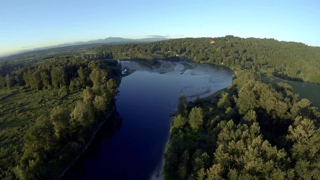 Drone Over Snohomish River with Low Flying Hot Air Balloon