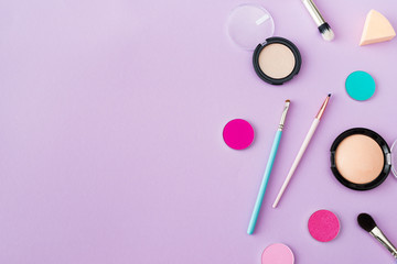 set of decorative cosmetics, top view, free space for