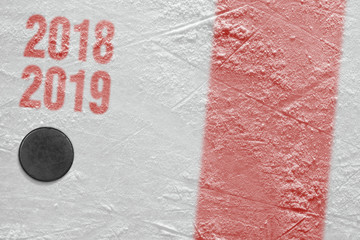 Puck and fragment of the ice arena with a red line