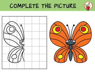 Complete the picture of a funny butterfly. Copy the picture. Coloring book. Educational game for children. Cartoon vector illustration