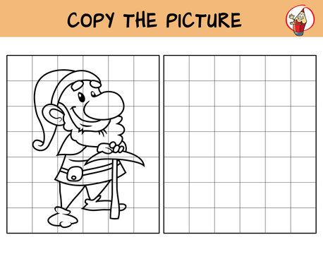 Funny dwarf miner with a pickaxe. Copy the picture. Coloring book. Educational game for children. Cartoon vector illustration