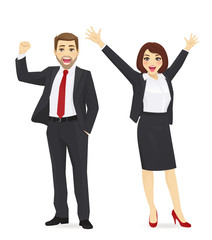 Happy business man and woman celebrating vector illustration