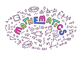 Fototapeta na wymiar Mathematics. Mathematics doodles with lettering on white background. Education vector illustration.