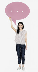 Happy Japanese woman with a speech bubble