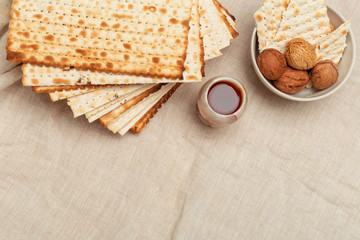 Matzo, Matzoth for Jewish Passover, Wooden background close up