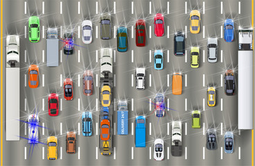 traffic jam with cars with headlights on at night top view
