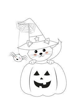 coloring page, halloween pumpkin and kitten