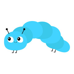 Caterpillar insect icon. Baby collection. Crawling catapillar bug. Cute cartoon funny character. Smiling face. Flat design. Colorful bright blue color. White background. Isolated.