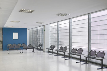 Public building waiting area. Hospital interior detail. Nobody