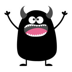 Cute black silhouette monster icon. Happy Halloween. Cartoon colorful scary funny character. Eyes, tongue, horns, holding hands up. Funny baby collection. White background. Flat design.