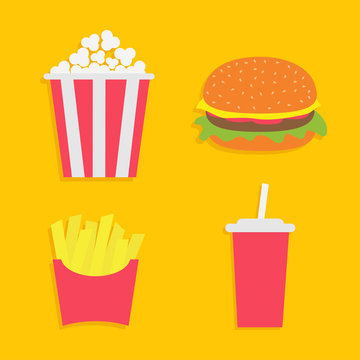 French fries potato in a paper wrapper box. Popcorn. Burger. Soda drink glass with straw. Fried potatoes. Movie Cinema icon set. Fast food menu. Flat design. Yellow background.