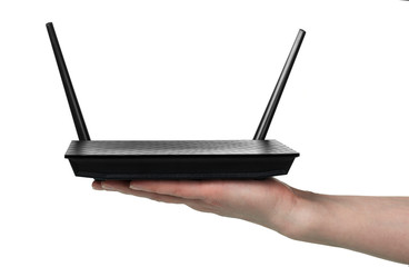 Black router on female hand isolated on white