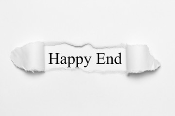 Happy End on white torn paper