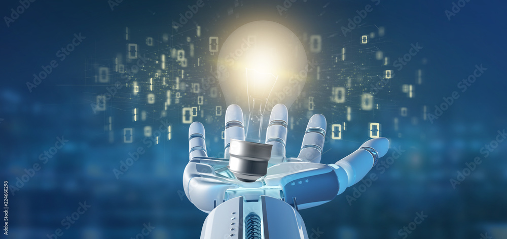 Poster cyborg hand holding a bulb lamp idea concept with data all around 3d rendering