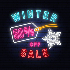 Winter sale neon sign with christmas tag hanging. Vector illustration