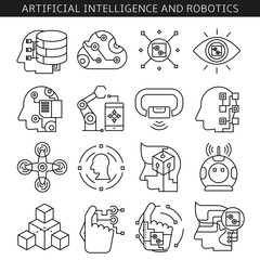 artificial intelligence and robotics icons in line style