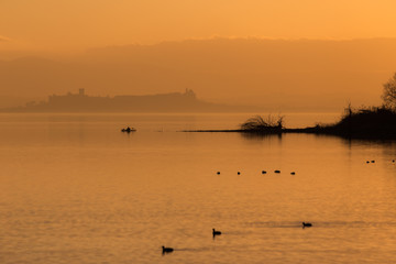 Beautiful view of Trasimeno lake (Umbria, Italy) at sunset, with orange tones, birds on water, a man on a canoe and Castiglione del Lago town on the background