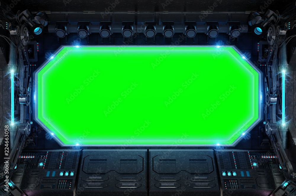 Poster Dark spaceship interior with large window view 3D rendering
